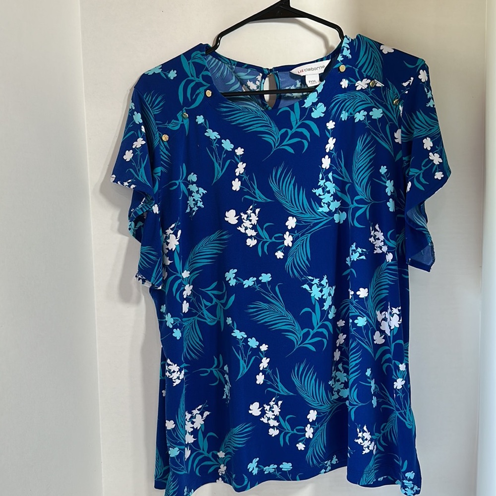 Liz Claiborne blue floral short sleeve top button detail size PXXL petite